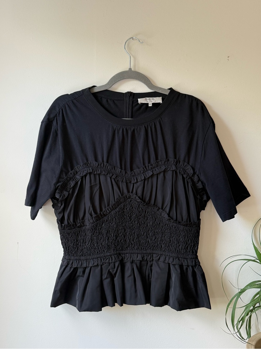 Sea NYC corset ‘Diana Tafetta’ Black Ruffled Peplum Short-Sleeve corset top XL